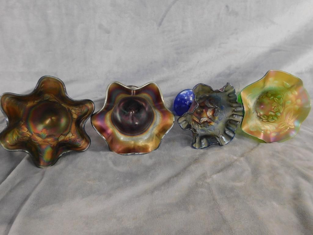 Carnival Glass - 4 Compotes - 2 Cobalt Base - 1 Green Base - 1 Amethyst - 10