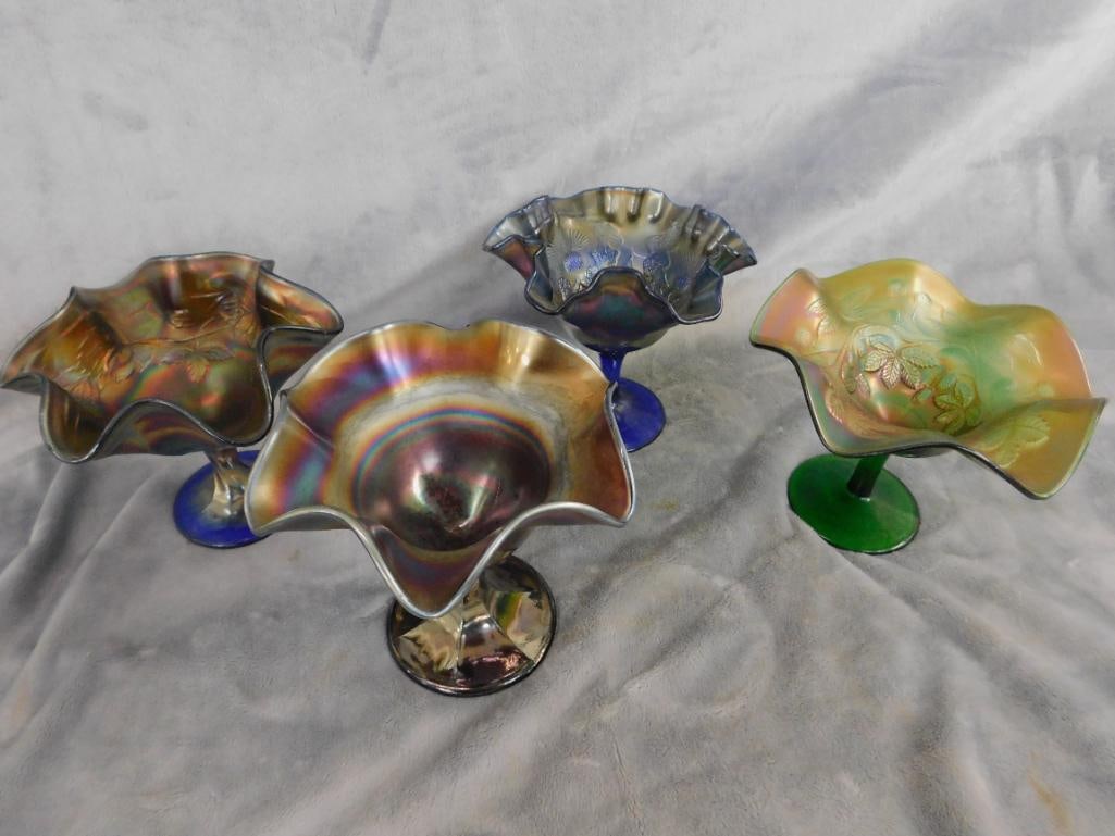 Carnival Glass - 4 Compotes - 2 Cobalt Base - 1 Green Base - 1 Amethyst - 11