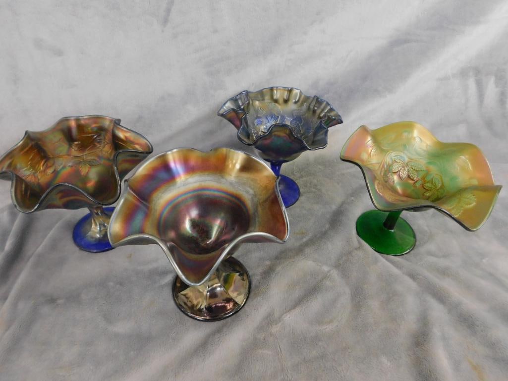 Carnival Glass - 4 Compotes - 2 Cobalt Base - 1 Green Base - 1 Amethyst - 12