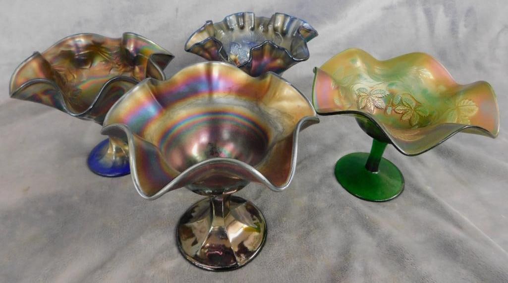 Carnival Glass - 4 Compotes - 2 Cobalt Base - 1 Green Base - 1 Amethyst: Each 5" to 5.5" Tall - 6" Wide - See Photos For Condition and Details