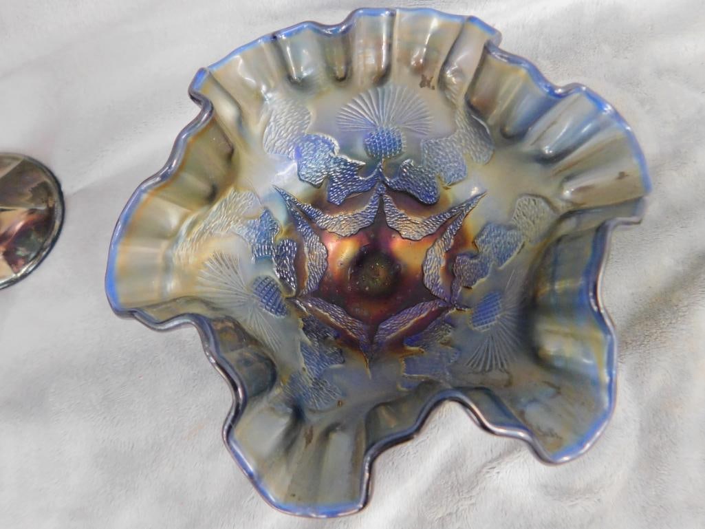 Carnival Glass - 4 Compotes - 2 Cobalt Base - 1 Green Base - 1 Amethyst - 7