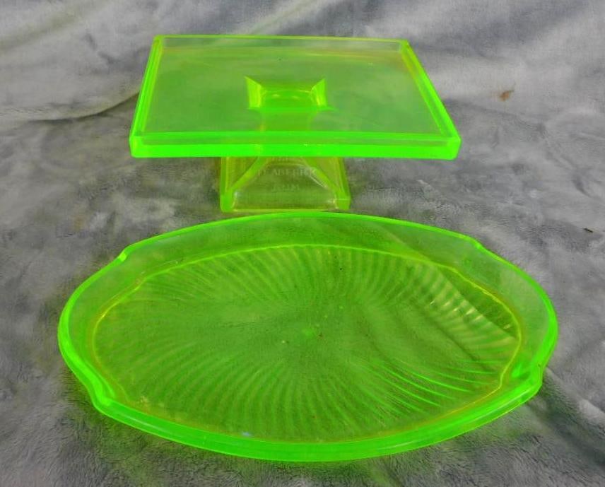 Yellow Uranium Glass - Rectangular Clarks Teaberry Gum Pedestal - Oval Tray: See Photos For Condition and Details