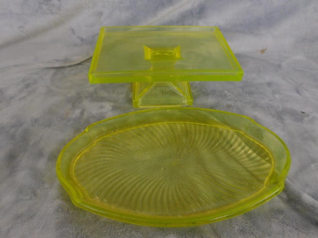 Yellow Uranium Glass - Rectangular Clarks Teaberry Gum Pedestal - Oval Tray - 2