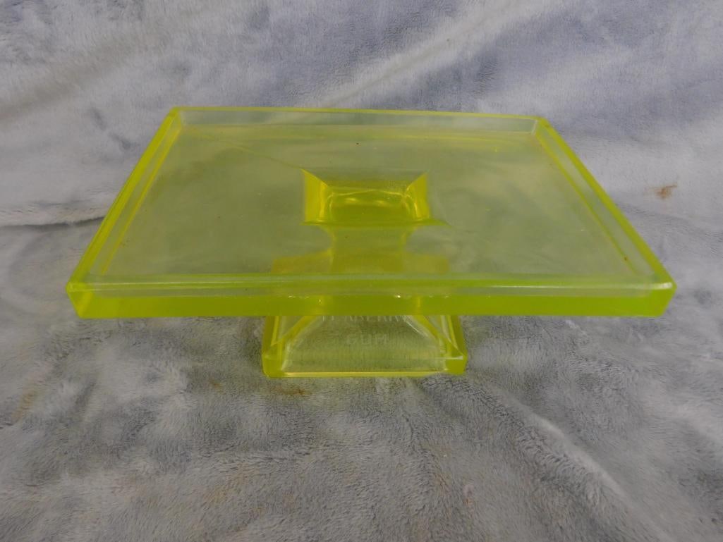 Yellow Uranium Glass - Rectangular Clarks Teaberry Gum Pedestal - Oval Tray - 3