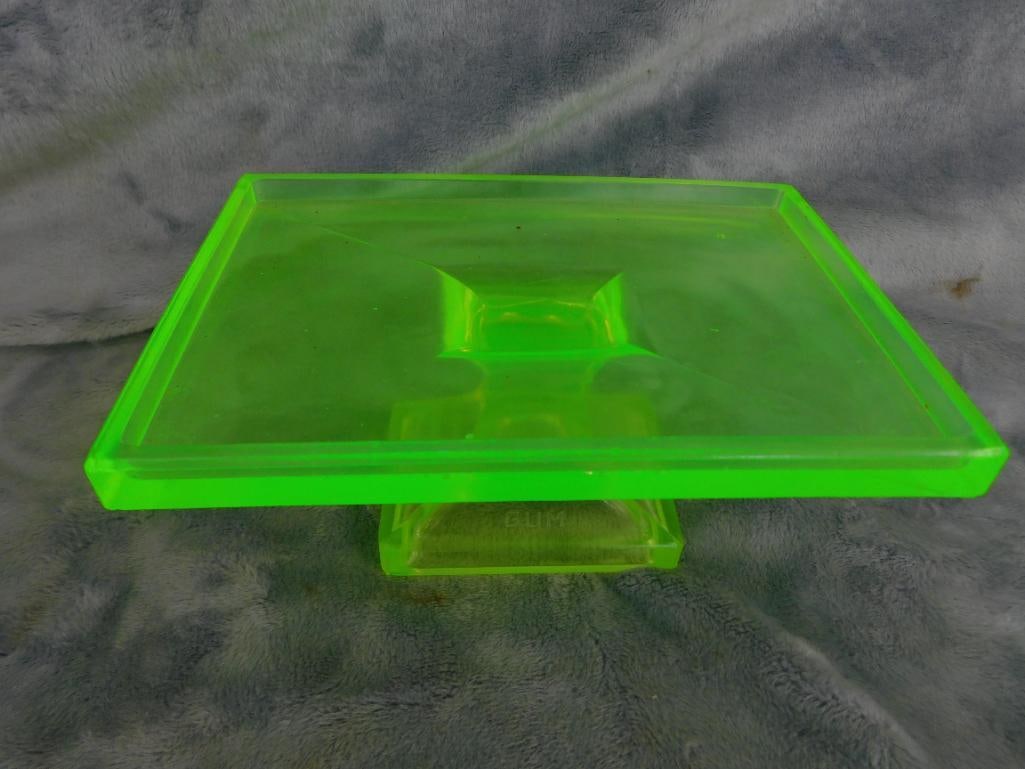 Yellow Uranium Glass - Rectangular Clarks Teaberry Gum Pedestal - Oval Tray - 4