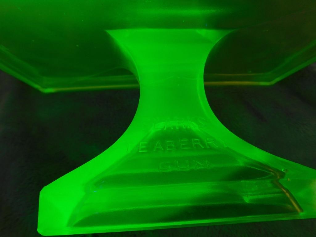 Yellow Uranium Glass - Rectangular Clarks Teaberry Gum Pedestal - Oval Tray - 7