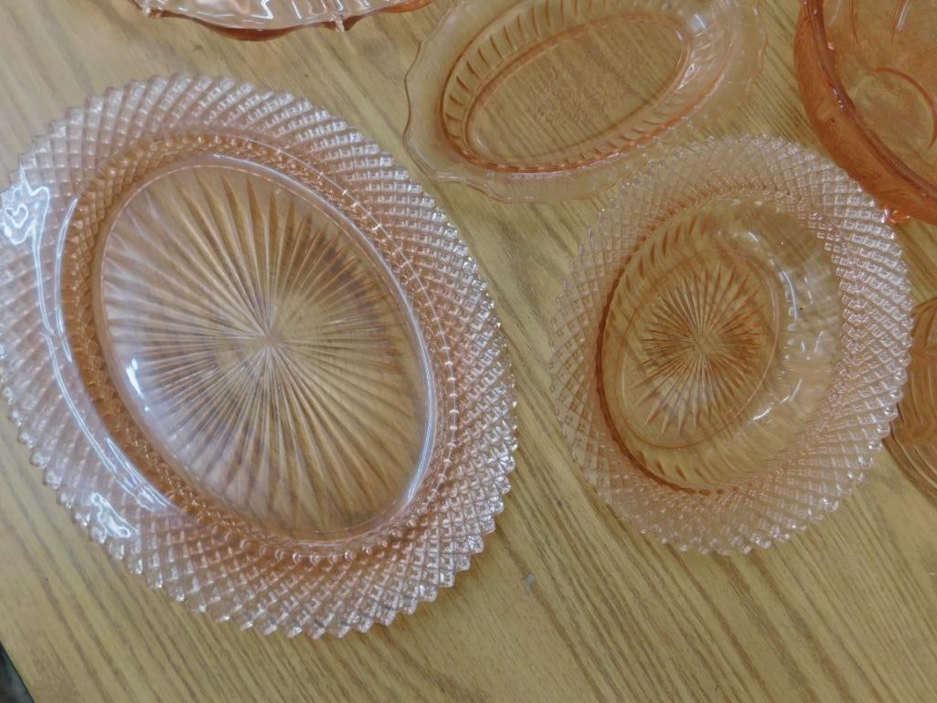 Lot of 7 Pieces of Pink Depression Glass - 4 Bowls - 2 Platters and a Biscuit Jar - 10