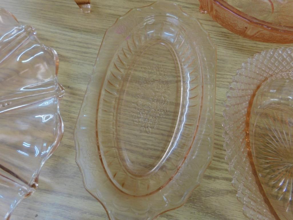 Lot of 7 Pieces of Pink Depression Glass - 4 Bowls - 2 Platters and a Biscuit Jar - 11