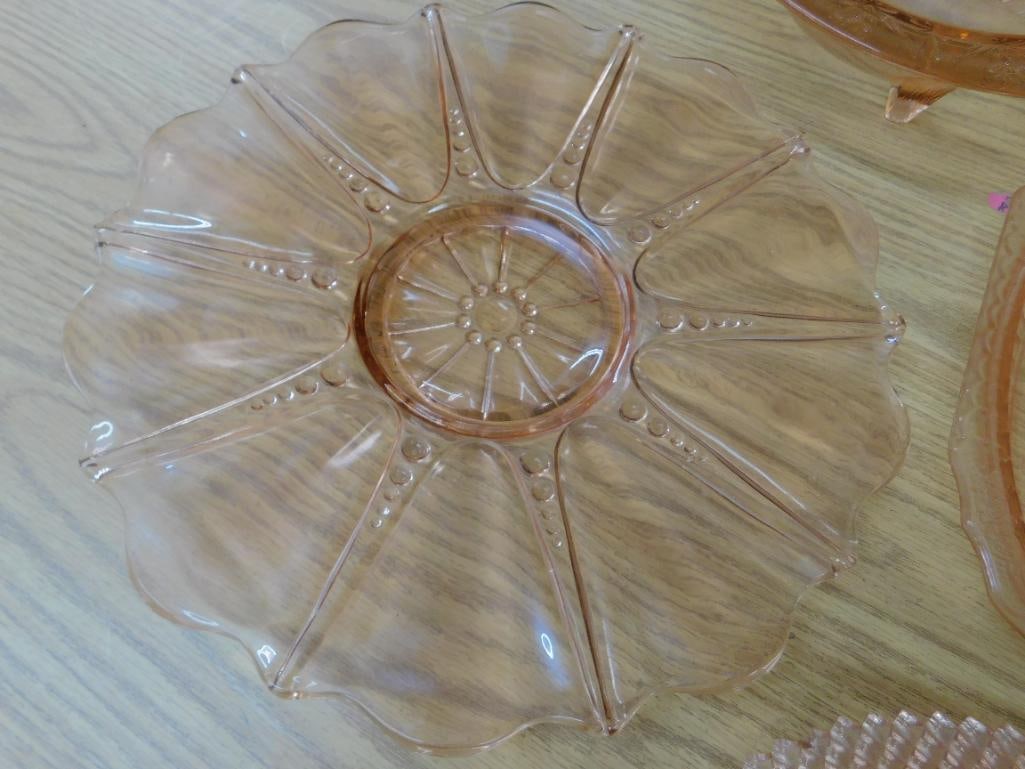 Lot of 7 Pieces of Pink Depression Glass - 4 Bowls - 2 Platters and a Biscuit Jar - 12