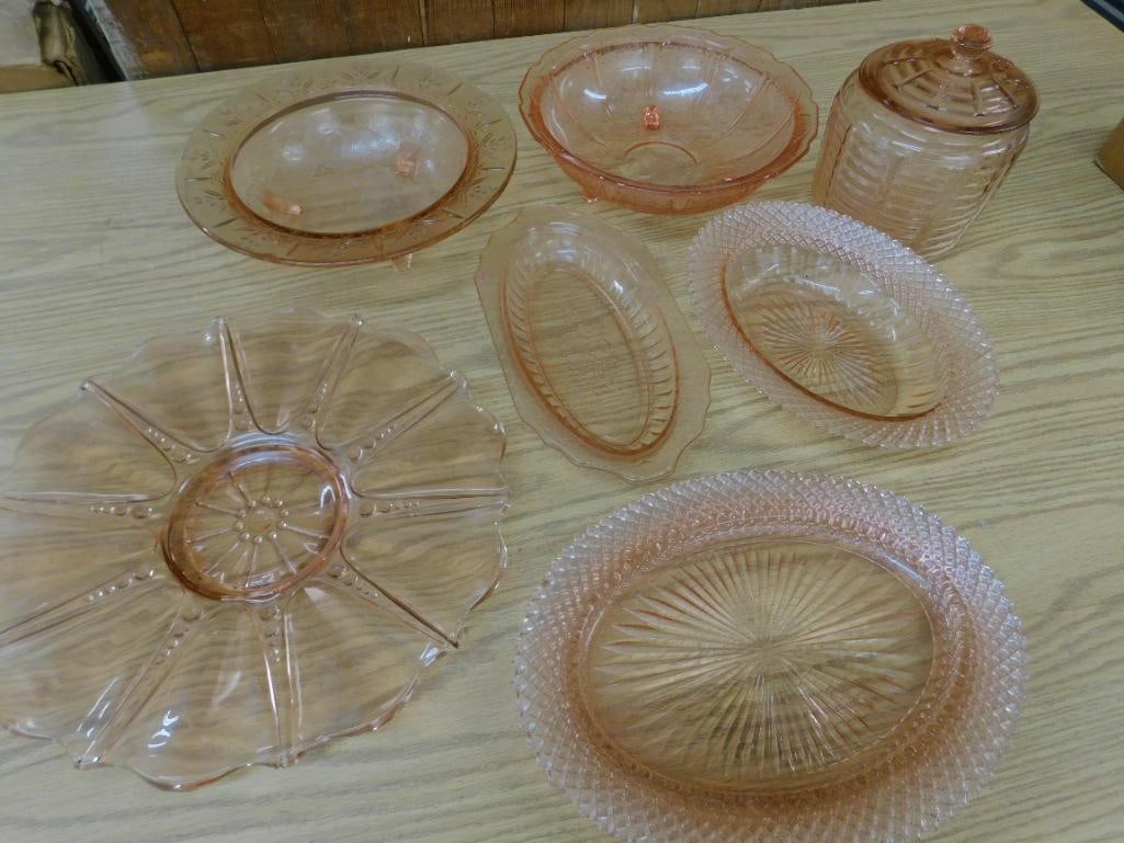 Lot of 7 Pieces of Pink Depression Glass - 4 Bowls - 2 Platters and a Biscuit Jar - 13