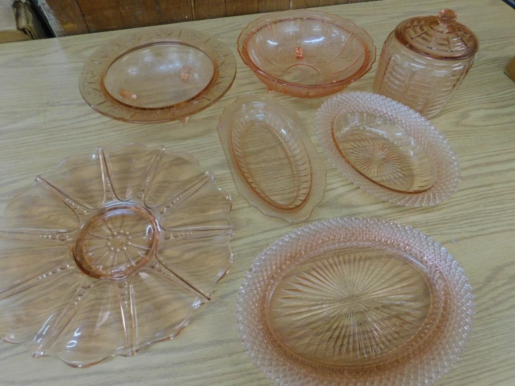 Lot of 7 Pieces of Pink Depression Glass - 4 Bowls - 2 Platters and a Biscuit Jar - 14