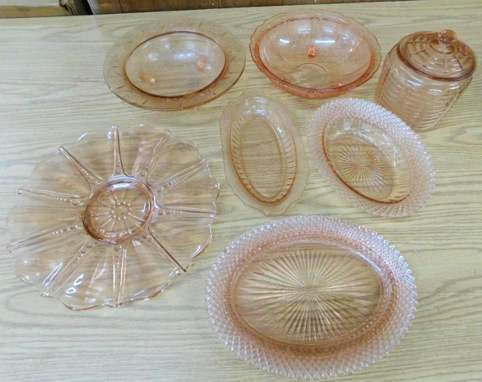 Lot of 7 Pieces of Pink Depression Glass - 4 Bowls - 2 Platters and a Biscuit Jar: See Photos For Condition and Details