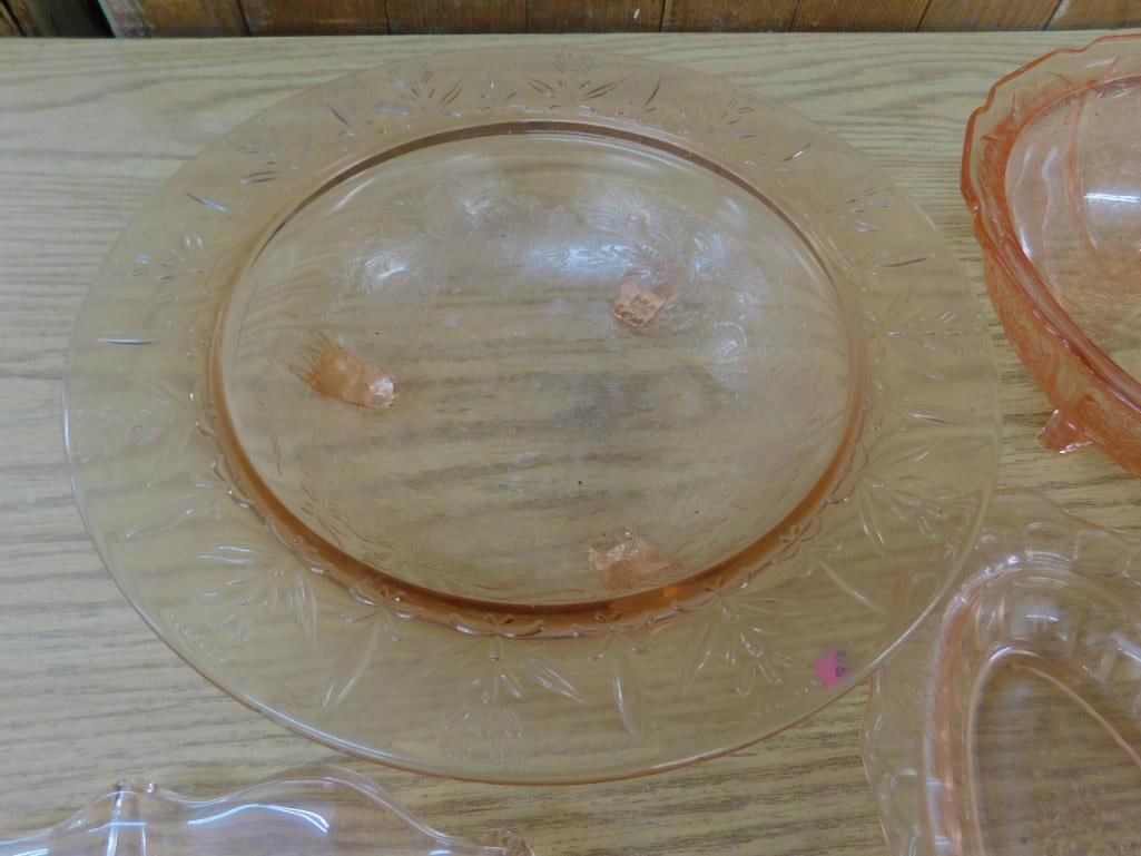 Lot of 7 Pieces of Pink Depression Glass - 4 Bowls - 2 Platters and a Biscuit Jar - 2