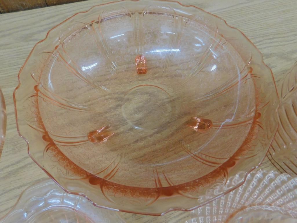 Lot of 7 Pieces of Pink Depression Glass - 4 Bowls - 2 Platters and a Biscuit Jar - 3