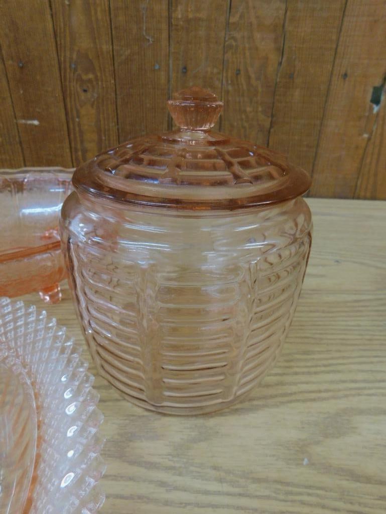 Lot of 7 Pieces of Pink Depression Glass - 4 Bowls - 2 Platters and a Biscuit Jar - 4