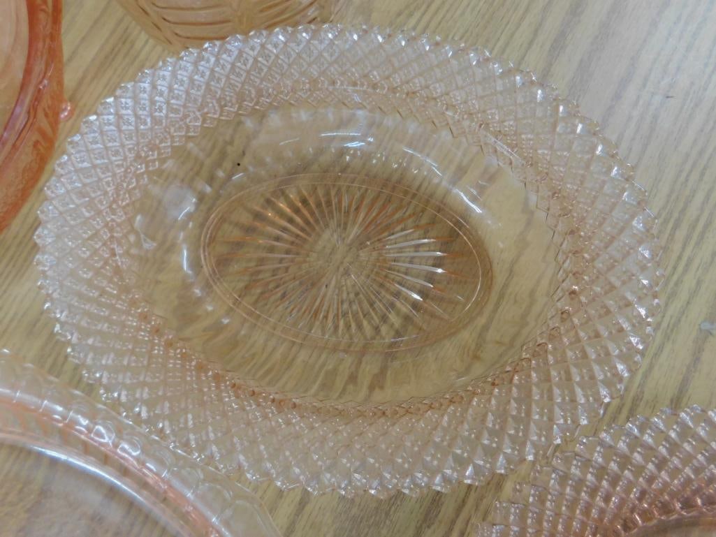 Lot of 7 Pieces of Pink Depression Glass - 4 Bowls - 2 Platters and a Biscuit Jar - 5