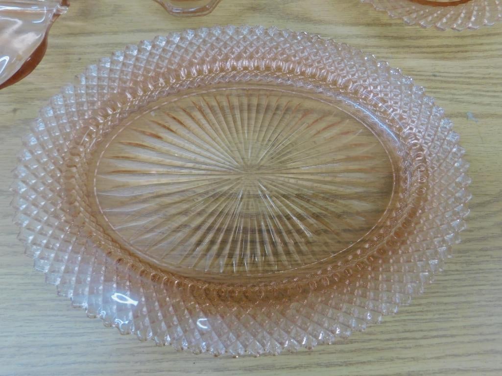 Lot of 7 Pieces of Pink Depression Glass - 4 Bowls - 2 Platters and a Biscuit Jar - 6