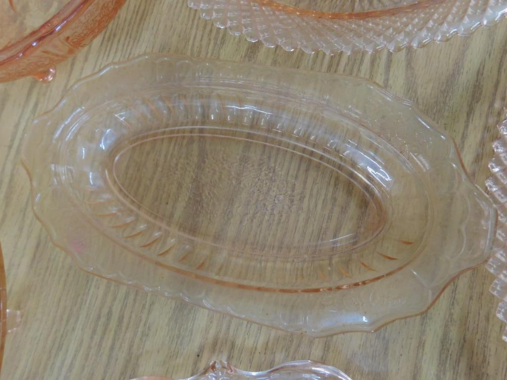 Lot of 7 Pieces of Pink Depression Glass - 4 Bowls - 2 Platters and a Biscuit Jar - 7