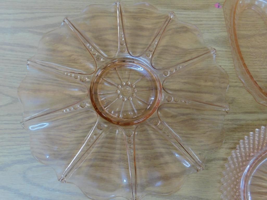 Lot of 7 Pieces of Pink Depression Glass - 4 Bowls - 2 Platters and a Biscuit Jar - 8