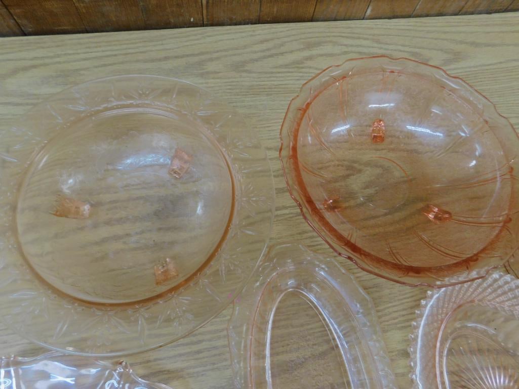Lot of 7 Pieces of Pink Depression Glass - 4 Bowls - 2 Platters and a Biscuit Jar - 9