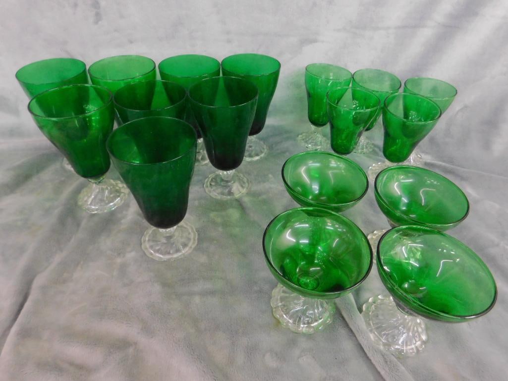 Lot of 17 Green Glass With Clear Glass Bases - Drinkware 4" - 5" - 6" Tall - 10