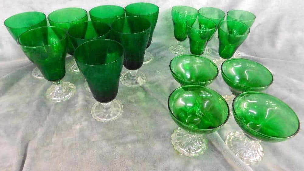 Lot of 17 Green Glass With Clear Glass Bases - Drinkware 4" - 5" - 6" Tall: See Photos For Condition and Details