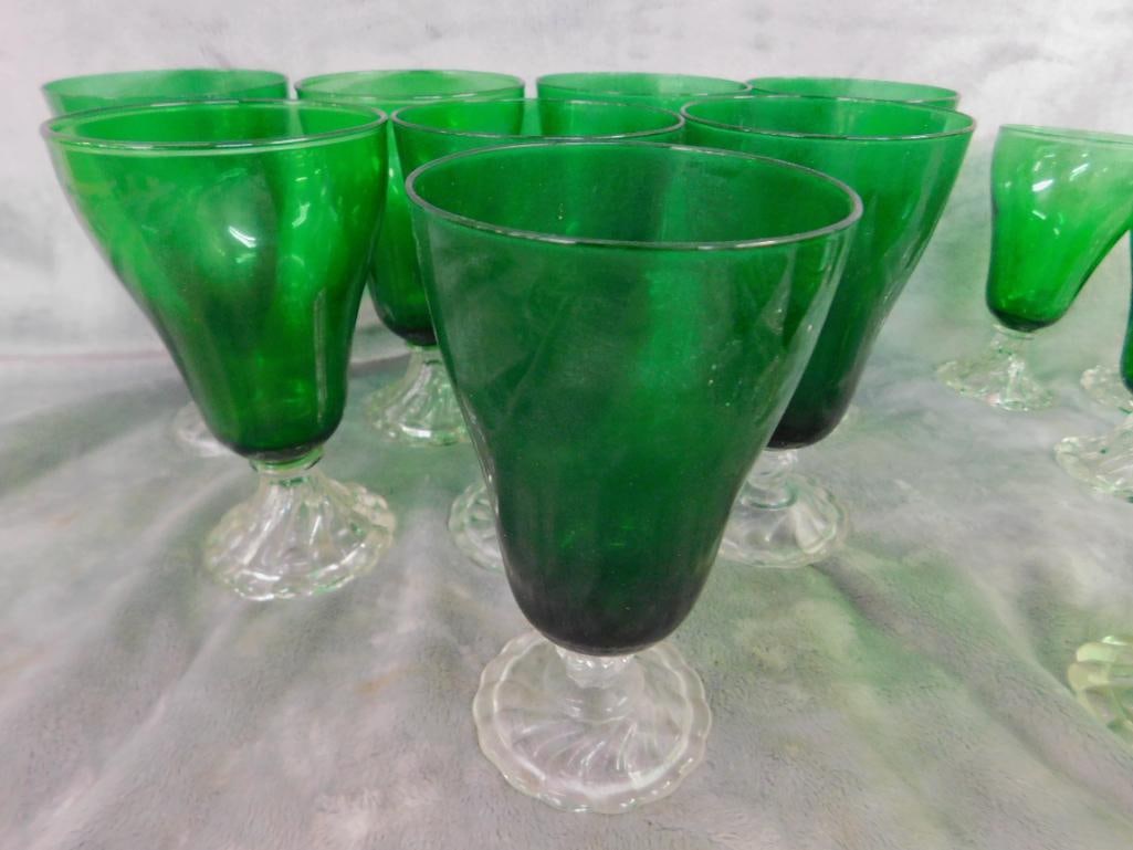 Lot of 17 Green Glass With Clear Glass Bases - Drinkware 4" - 5" - 6" Tall - 2