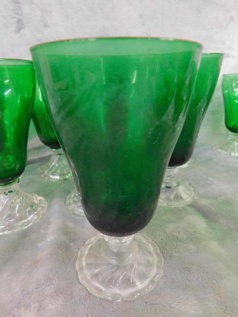 Lot of 17 Green Glass With Clear Glass Bases - Drinkware 4" - 5" - 6" Tall - 3