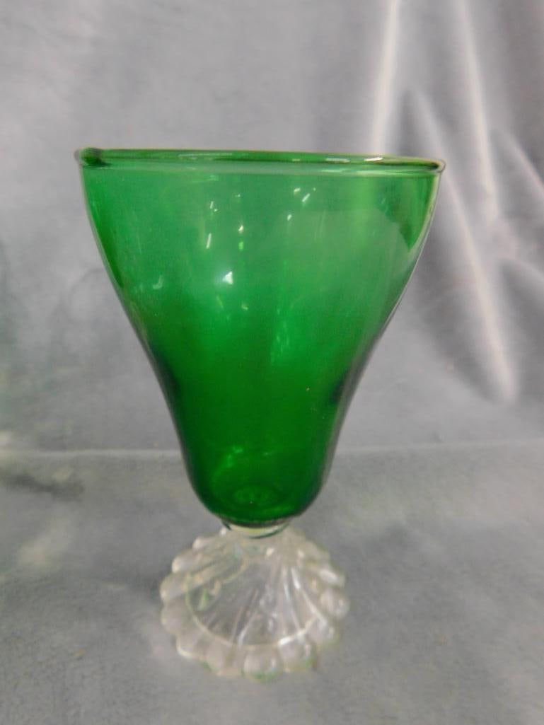 Lot of 17 Green Glass With Clear Glass Bases - Drinkware 4" - 5" - 6" Tall - 5