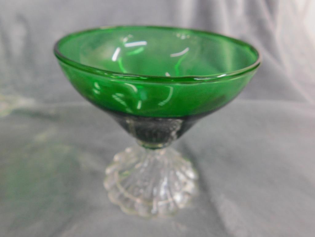 Lot of 17 Green Glass With Clear Glass Bases - Drinkware 4" - 5" - 6" Tall - 7