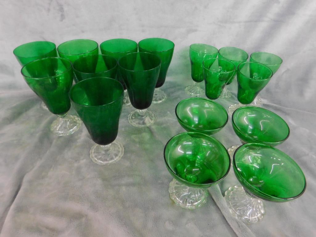 Lot of 17 Green Glass With Clear Glass Bases - Drinkware 4" - 5" - 6" Tall - 9