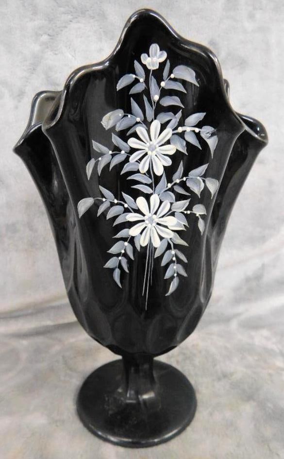 Fenton Black Glass Hand Painted Handkerchief Vase - 8.75" x 5.75": See Photos For Condition and Details