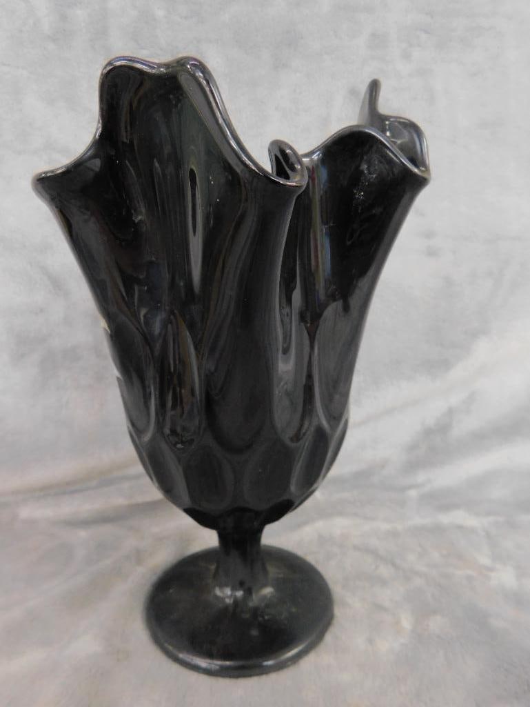 Fenton Black Glass Hand Painted Handkerchief Vase - 8.75" x 5.75" - 2