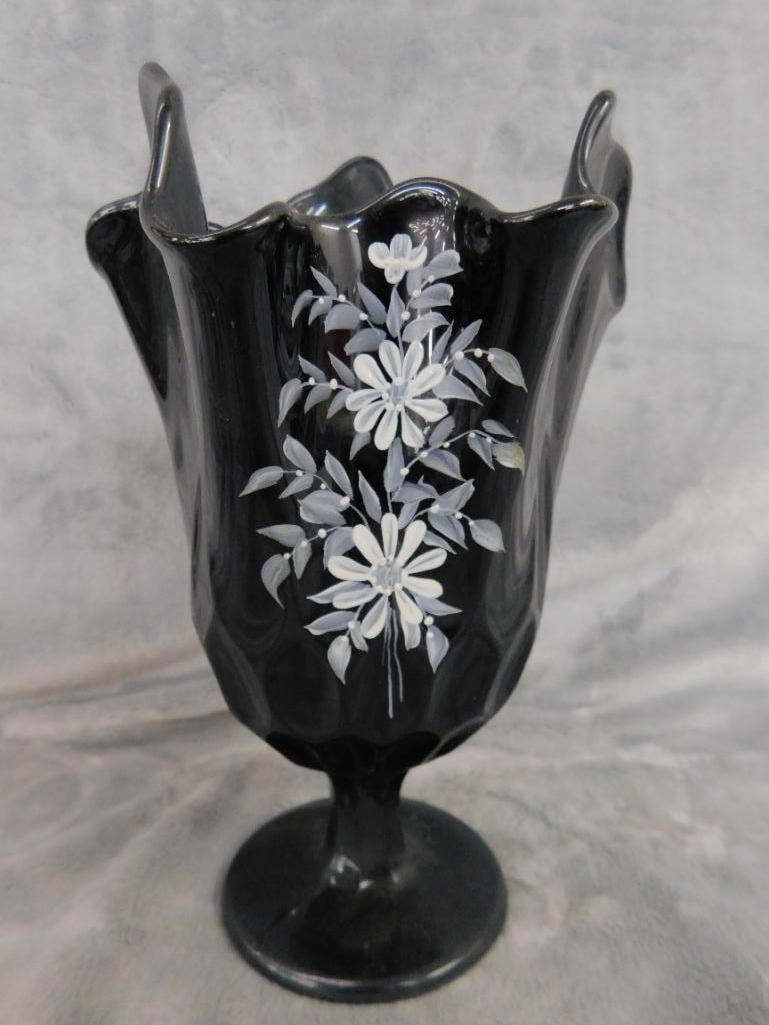 Fenton Black Glass Hand Painted Handkerchief Vase - 8.75" x 5.75" - 3