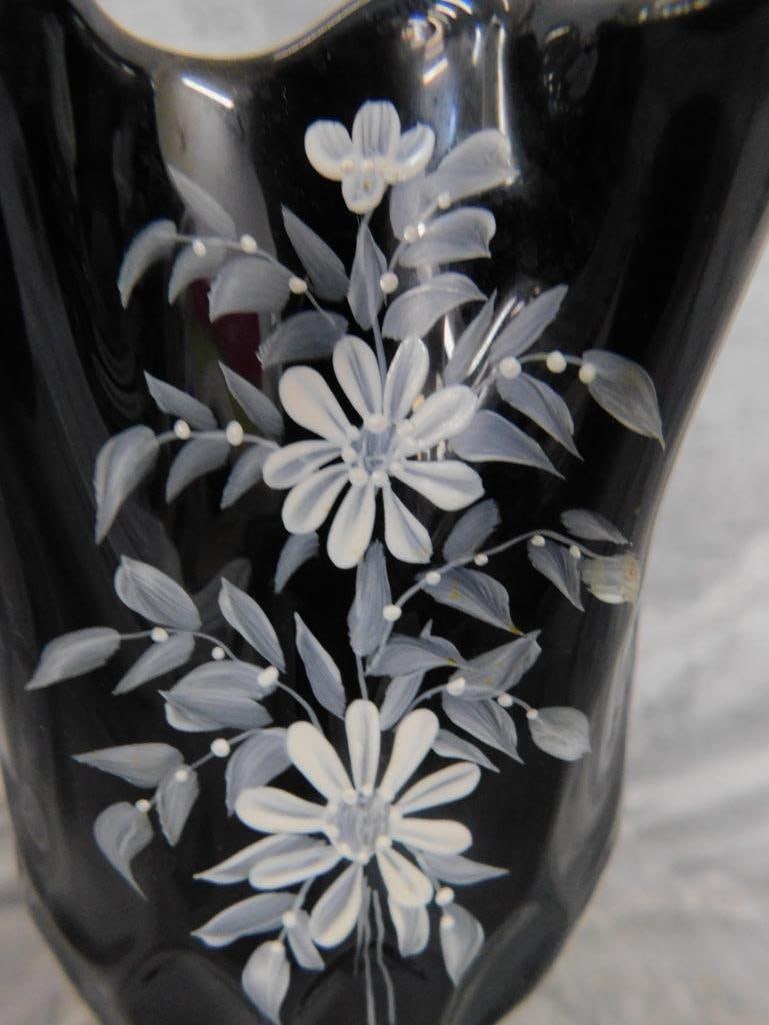 Fenton Black Glass Hand Painted Handkerchief Vase - 8.75" x 5.75" - 4