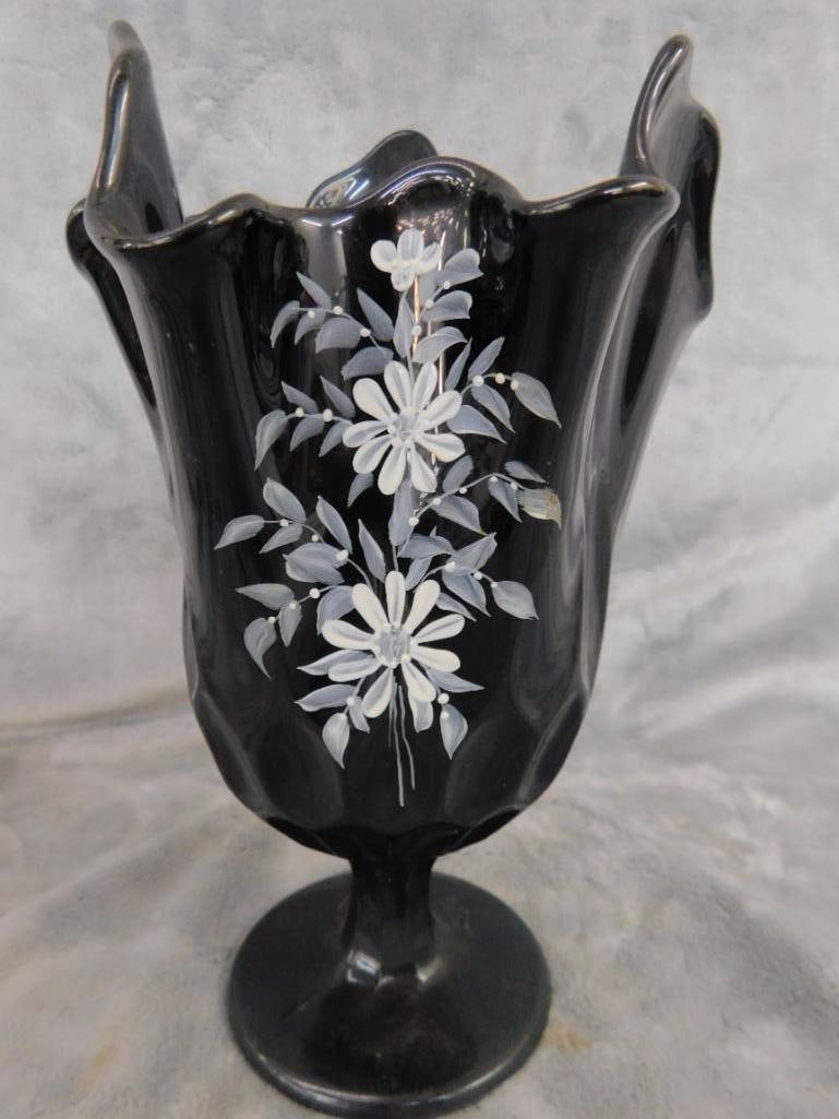 Fenton Black Glass Hand Painted Handkerchief Vase - 8.75" x 5.75" - 6