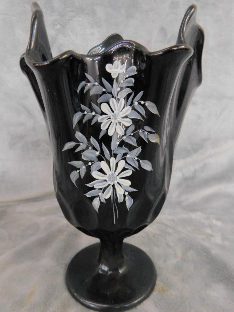 Fenton Black Glass Hand Painted Handkerchief Vase - 8.75" x 5.75" - 7