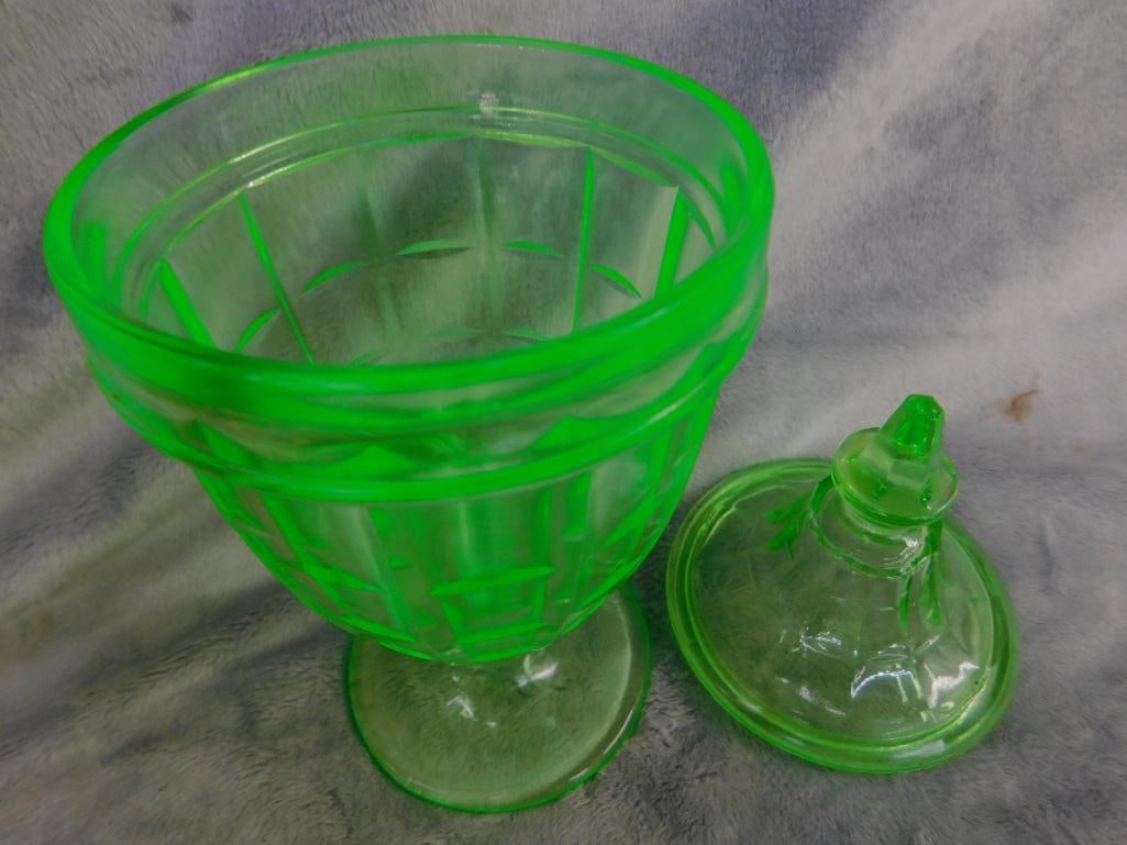 Vaseline / Uranium Glass - Refrigerator Dish - Lidded Candy Dish - Small pitcher - 10