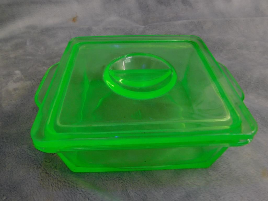 Vaseline / Uranium Glass - Refrigerator Dish - Lidded Candy Dish - Small pitcher - 11