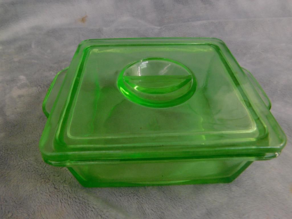 Vaseline / Uranium Glass - Refrigerator Dish - Lidded Candy Dish - Small pitcher - 12