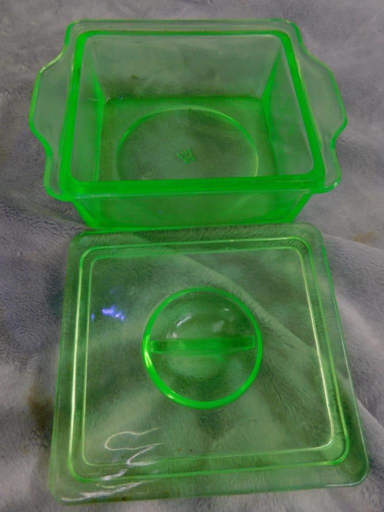Vaseline / Uranium Glass - Refrigerator Dish - Lidded Candy Dish - Small pitcher - 13