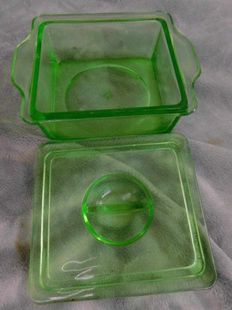Vaseline / Uranium Glass - Refrigerator Dish - Lidded Candy Dish - Small pitcher - 14