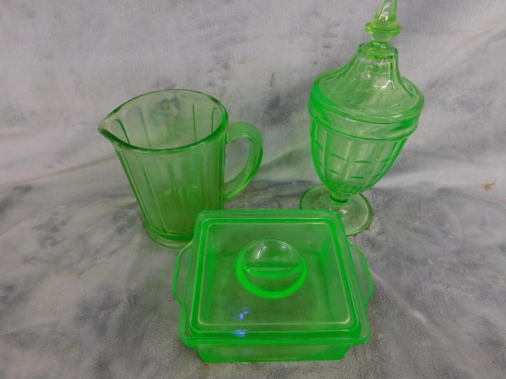 Vaseline / Uranium Glass - Refrigerator Dish - Lidded Candy Dish - Small pitcher - 15