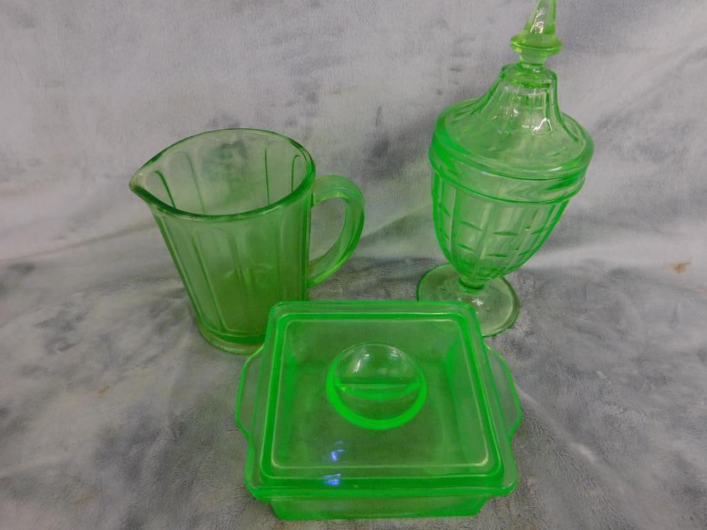 Vaseline / Uranium Glass - Refrigerator Dish - Lidded Candy Dish - Small pitcher - 16