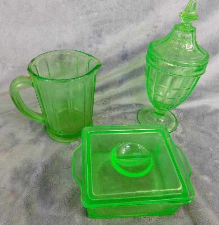 Vaseline / Uranium Glass - Refrigerator Dish - Lidded Candy Dish - Small pitcher: Pitcher Has Chip on Base - See Photos For Condition and Details