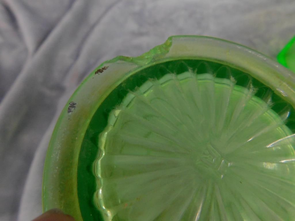 Vaseline / Uranium Glass - Refrigerator Dish - Lidded Candy Dish - Small pitcher - 5