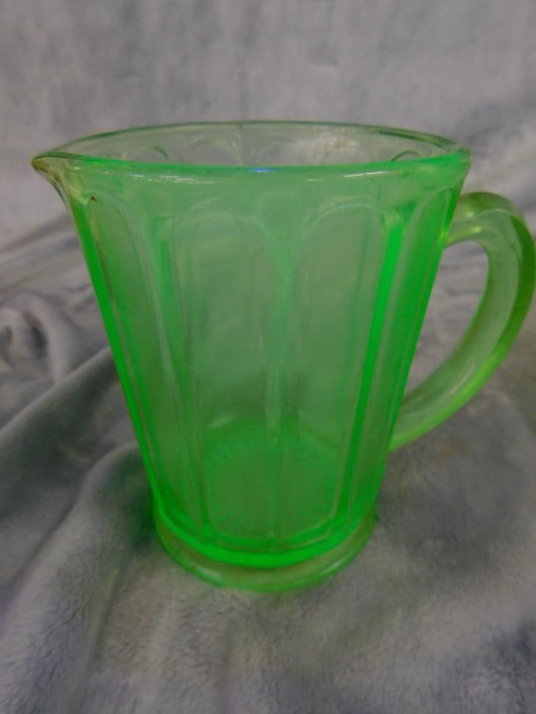 Vaseline / Uranium Glass - Refrigerator Dish - Lidded Candy Dish - Small pitcher - 6