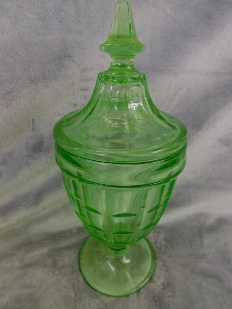Vaseline / Uranium Glass - Refrigerator Dish - Lidded Candy Dish - Small pitcher - 7