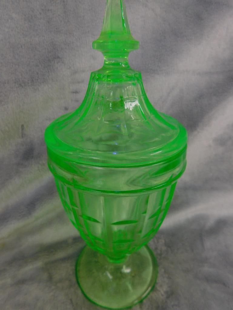 Vaseline / Uranium Glass - Refrigerator Dish - Lidded Candy Dish - Small pitcher - 8