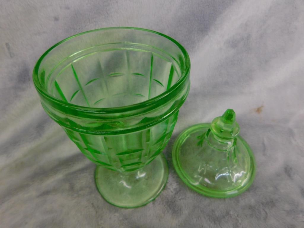 Vaseline / Uranium Glass - Refrigerator Dish - Lidded Candy Dish - Small pitcher - 9